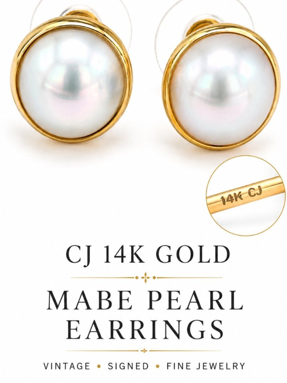 CJ 14K Gold Mabe Pearl Earrings Vintage Signed Large Iridescent Round Studs